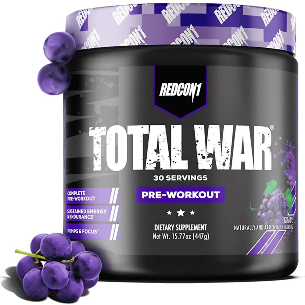 REDCON1 Total War bottle pour, highlighting ready-to-use pre-workout for a high-energy session.