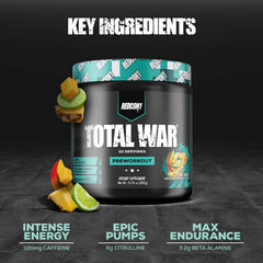 Redcon1 Total War caffeine powder close-up highlights high-energy caffeine blend.