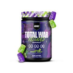 REDCON1 Total War Reloaded tub close-up with sour gummy bear flavor and energy blend