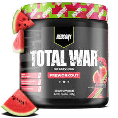 REDCON1 Total War Watermelon tub closeup showing fast-acting pre-workout energy.