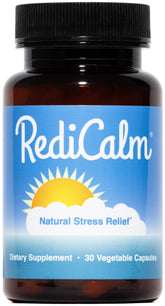 RediCalm bottle front view showing vegan non-GMO formula for daily stress support.