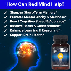 RediMind capsule closeup emphasizing the plant-based formula for focus.