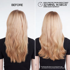 Smoothing effect on hair with Redken Quick Blowout for frizz control.