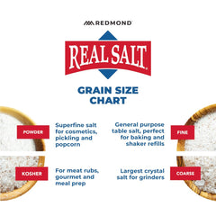 Redmond Real Salt on a kitchen counter ready for cooking and table use.