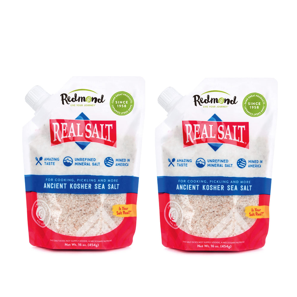 Redmond Real Sea Salt 16oz pouch front shows natural crystals for daily seasoning