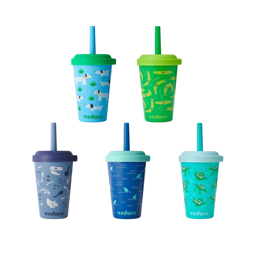 REDUCE GoGo's 12 oz stackable tumbler set with spill-proof straw in bright colors for mess-free playtime