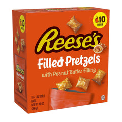 Reese's filled pretzels with crunchy pretzel shell and peanut butter filling, ready-to-eat snack