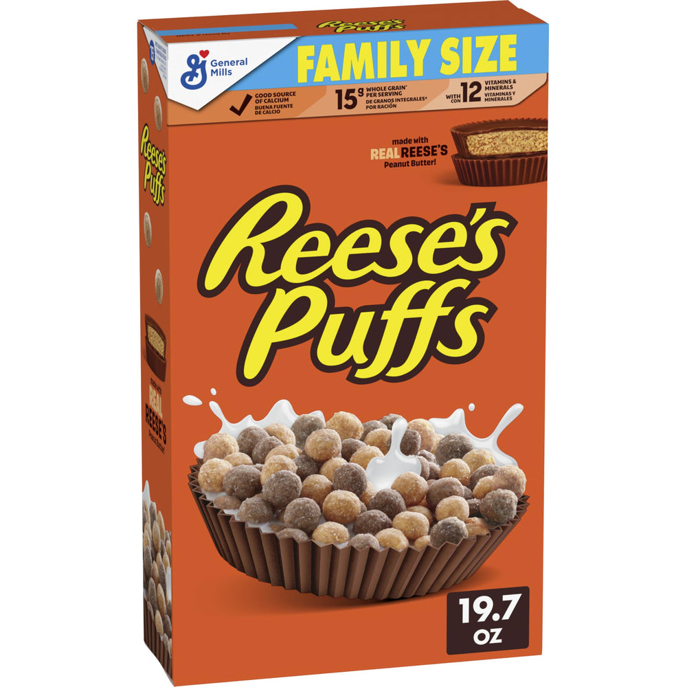 REESE'S PUFFS chocolatey peanut butter cereal box front for family breakfast