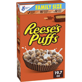 REESE'S PUFFS chocolatey peanut butter cereal box front for family breakfast