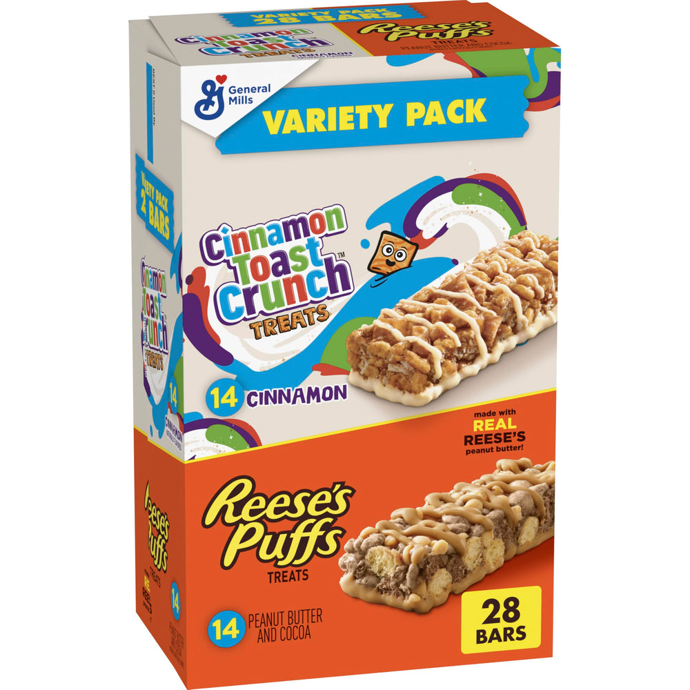 Reese's Puffs Cinnamon Toast Crunch treat bars box front for pantry storage