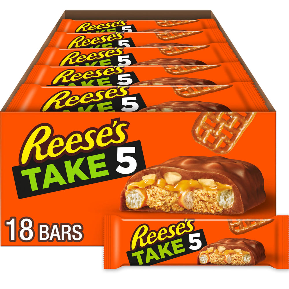 REESE'S Take 5 bars display packaging highlighting five-layer flavor for party snacking.