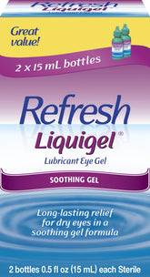 Refresh Liquigel eye gel bottles front showing two sterile vials for soothing relief