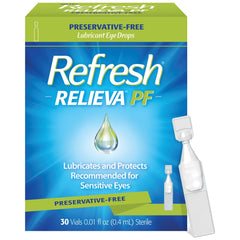 Refresh Relieva PF eye drops bottle showing on-the-go moisture relief