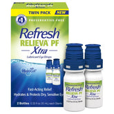 Refresh RELIEVA PF Xtra bottle packaging shows preservative-free design for sensitive eyes.