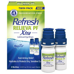 Refresh RELIEVA PF Xtra bottle packaging shows preservative-free design for sensitive eyes.