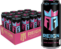 REIGN Sour Gummy Worm bottle front view for flavorful energy during workouts.