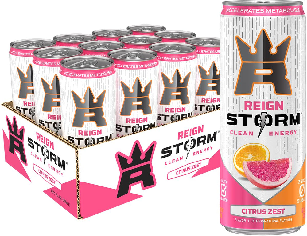 REIGN Storm Citrus Zest can front shows zero sugar and crisp citrus flavor.