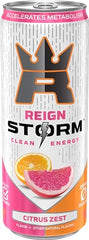 Close-up view of citrus slices on the REIGN label signaling real fruit varietals.
