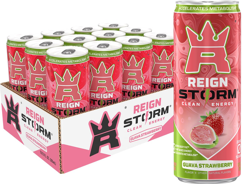 REIGN Storm Guava Strawberry bottle being poured for an energized workout