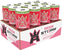 Close-up of REIGN Storm Guava Strawberry label highlighting zero sugar