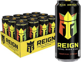 REIGN Total Body Fuel Tropical Storm bottle shows zero sugar and low calories for active days.