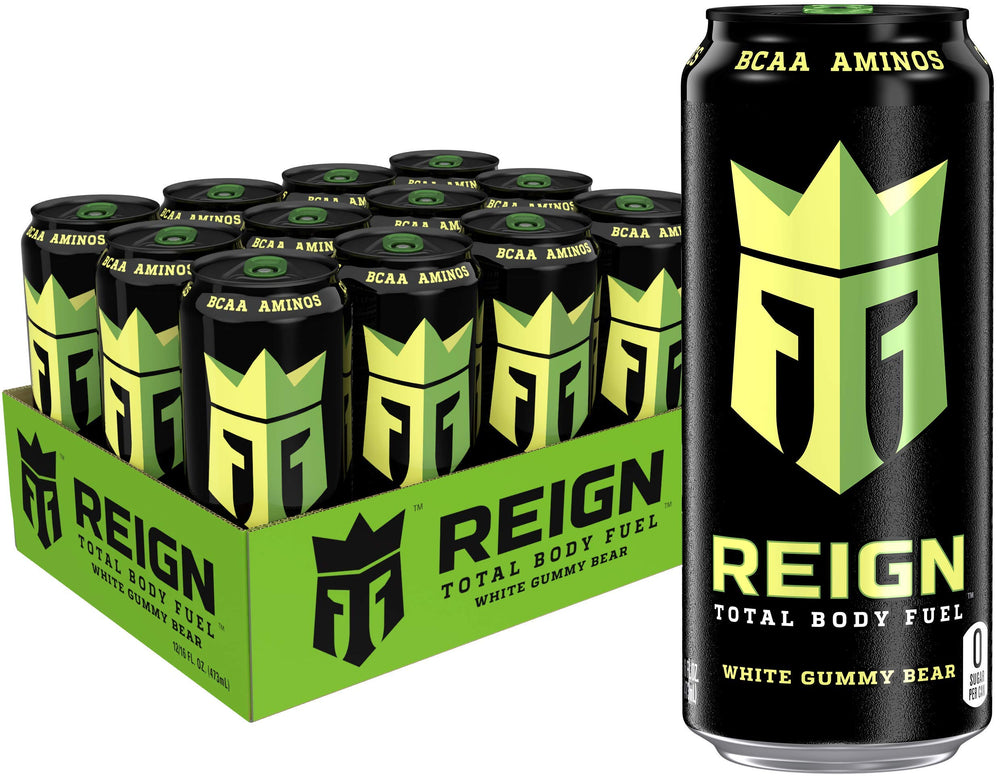 Reign Total Body Fuel White Gummy Bear bottle being poured for steady hydration and focus.