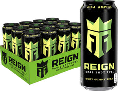 Reign Total Body Fuel White Gummy Bear bottle being poured for steady hydration and focus.