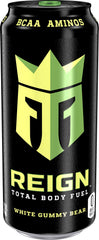 Reign Total Body Fuel White Gummy Bear can on display, delivering zero sugar energy for workouts.