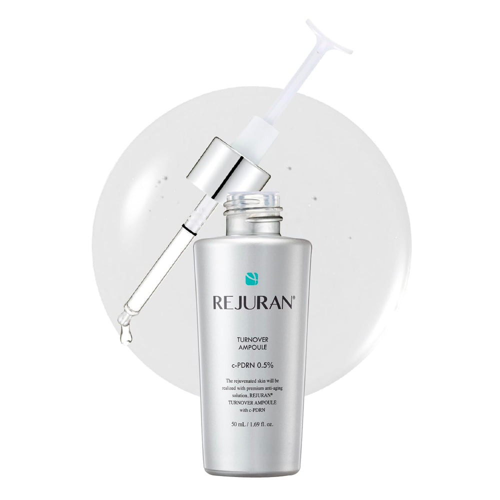 REJURAN Turnover Ampoule bottle close-up showing premium serum texture for daily hydration.