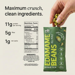 Rel Snacks roasted edamame close-up shows crisp, dry texture.