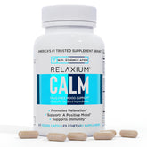 Relaxium Calm bottle and label showing non-habit forming stress support in daily use.