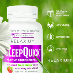 Relaxium Sleep Melts ingredients panel featuring key botanicals and minerals.