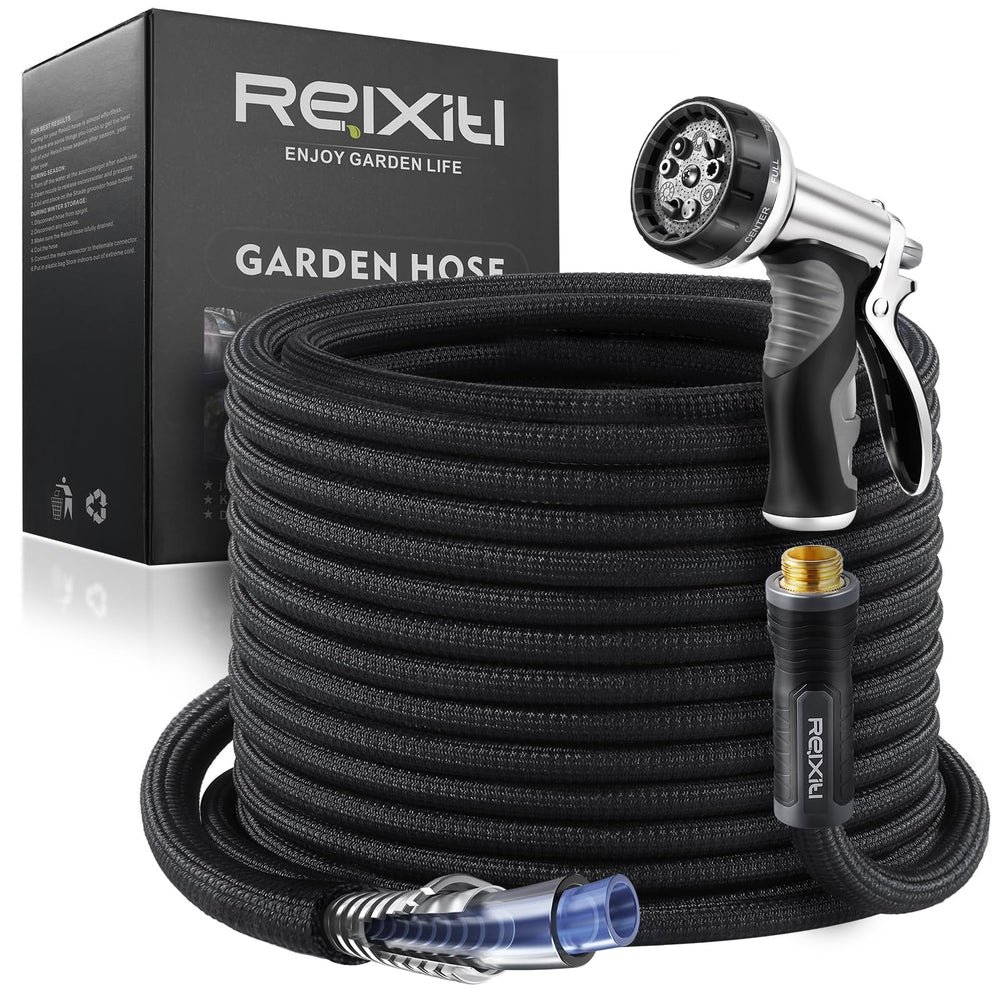 Relxitl garden hose 100ft extended for broad yard watering and reach.