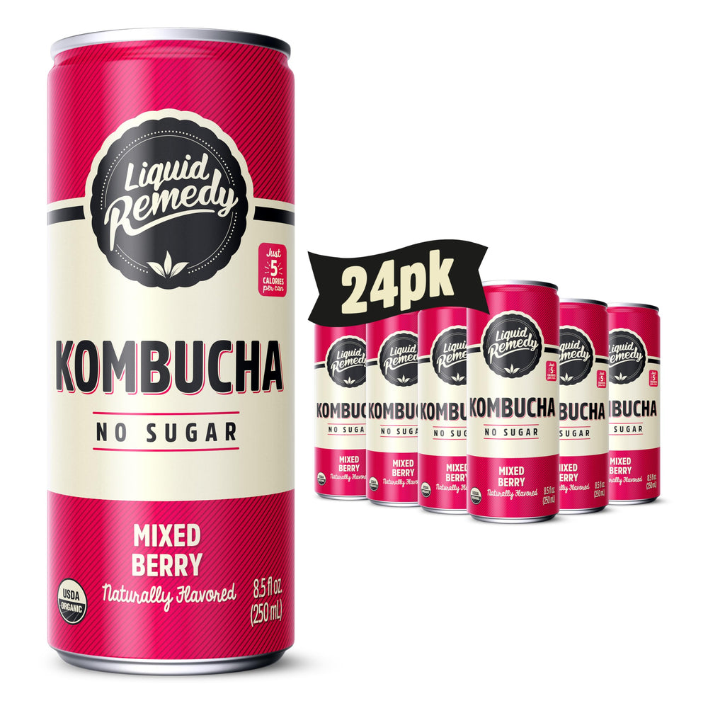 Remedy Liquid Kombucha Mixed Berry can, front view, sugar-free refreshment for daily gut-friendly sipping.