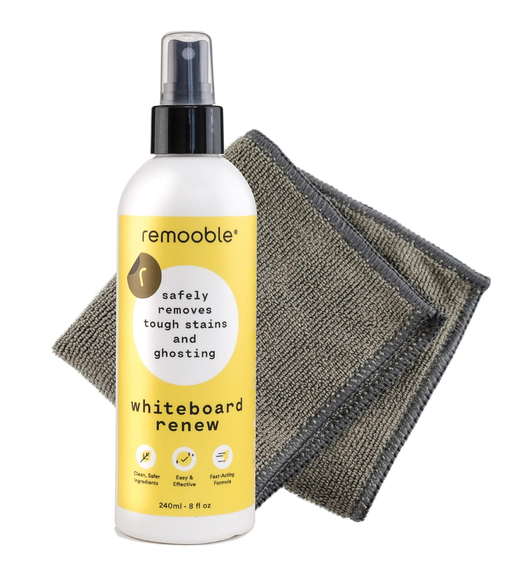 Remooble dry erase cleaner bottle pour illustrating easy application to lift tough stains