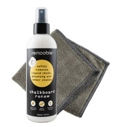 Remooble non-toxic chalkboard cleaner bottle spraying to lift stubborn marks safely.