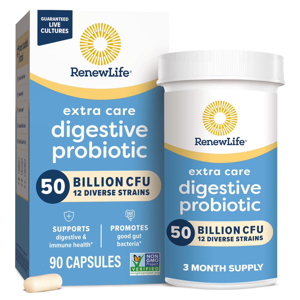 Renew Life Extra Care Digestive Probiotic bottle displaying 50 billion cultures for daily gut support