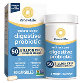 Renew Life Extra Care Digestive Probiotic bottle displaying 50 billion cultures for daily gut support