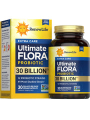 Renew Life Extra Care Digestive Probiotic bottle with capsules supporting digestive balance.