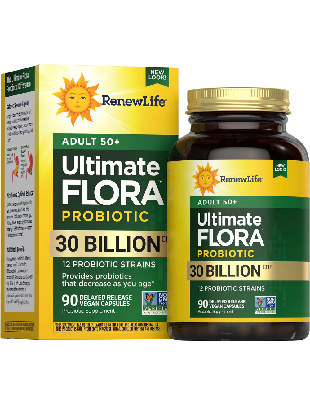 Renew Life Probiotic Adult 50 Plus bottle front view supports gut and immune health.