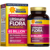 Renew Life Ultimate Flora Women bottle with 65B CFU for daily vaginal and digestive support.