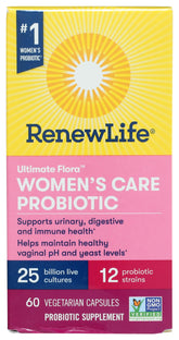 Renew Life Women’s Wellness bottle front showing 60 capsules for daily digestive and urinary support.