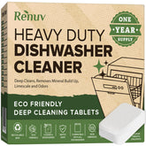 Renuv heavy-duty dishwasher tablets packaging for a year of powerful cleaning and deodorizing.