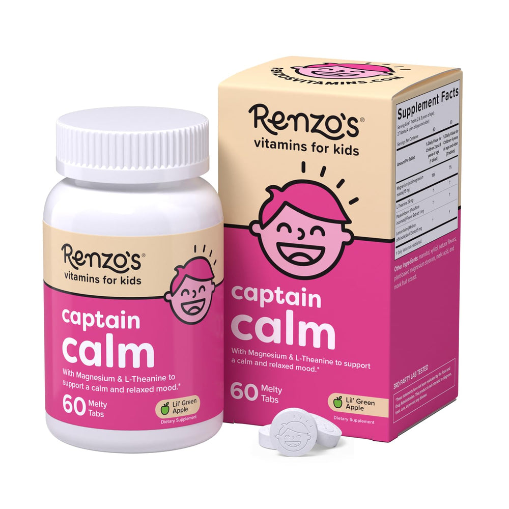 Renzo's Captain Calm melty tabs pack closeup, kid-friendly sugar-free mood support on the go.