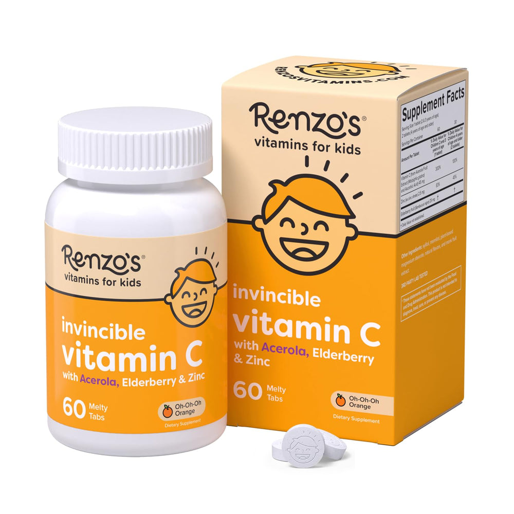 Renzo's Invincible orange melts bottle showing kids' vitamin C for immune support.