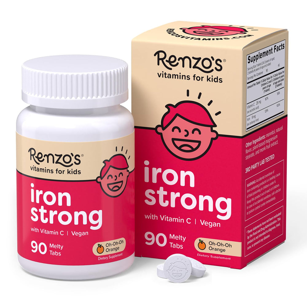 Renzo's iron melty tab for kids, easy melt and kid-friendly daily supplement.