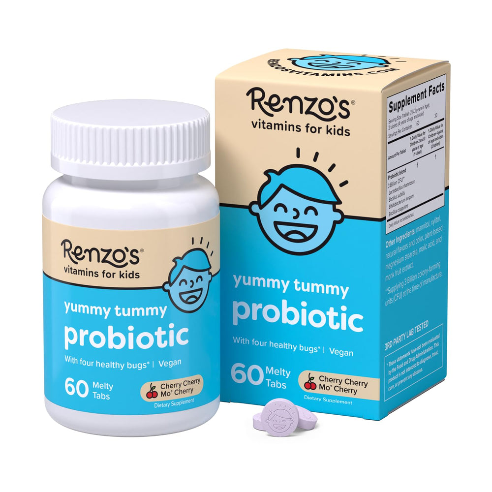 Renzo's Kids Probiotic packaging showing easy-dosing tabs for daily digestive support.