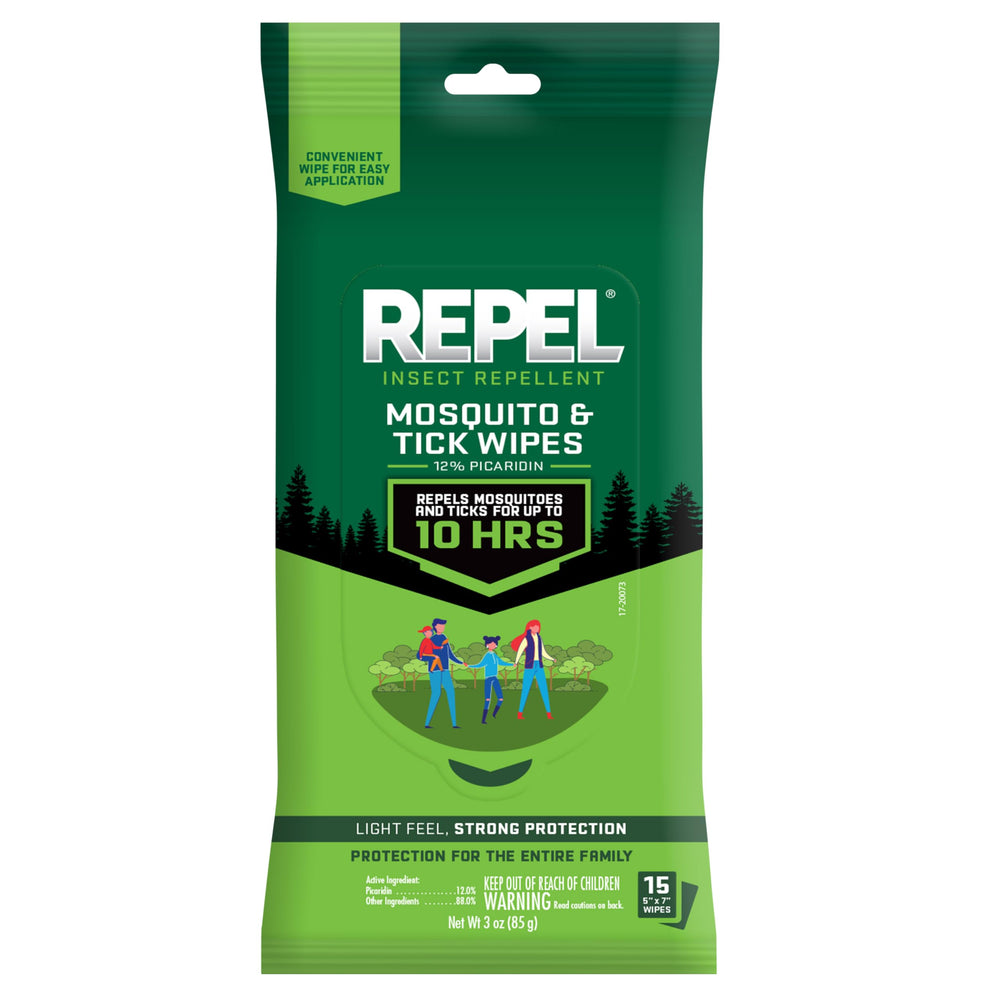 Repel mosquito and tick wipes in a front-facing pack for travel-ready protection