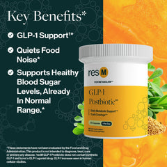 ResBiotic resM GLP-1 Postbiotic ingredients image shows L. plantarum RSB11 HI for gut support.