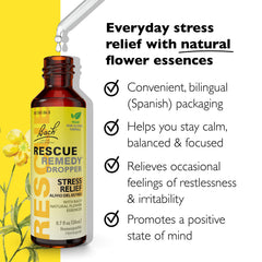 Drops dispense from RESCUE Bach Remedy Dropper for gentle sublingual use.